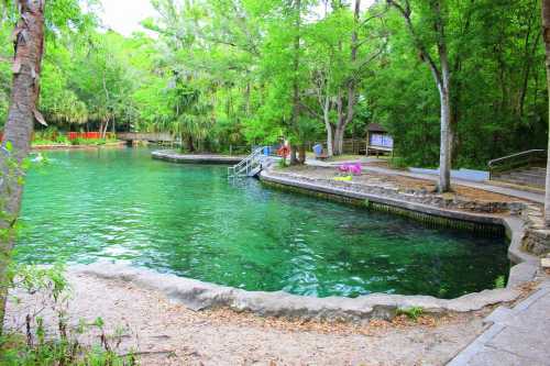 A serene, green-tinted spring surrounded by lush trees and a stone pathway, inviting for relaxation and nature exploration.