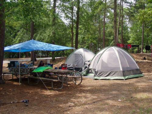 Two tents set up in a wooded campsite, with a picnic table and a blue tarp overhead. Clothes hang on a line nearby.