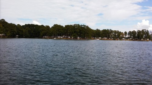 A serene lake scene with calm water and a tree-lined shore, featuring distant campers among the trees under a cloudy sky.