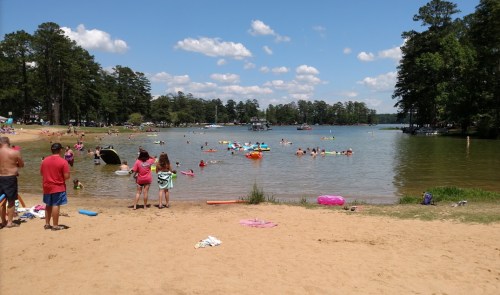 A sandy beach with people swimming and floating in a lake, surrounded by trees and a clear blue sky.