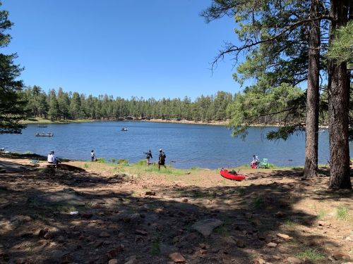 A serene lake surrounded by trees, with people fishing and kayaking on a sunny day.