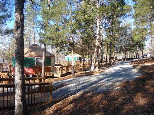 A gravel path leads through a wooded area with colorful cabins nestled among the trees.
