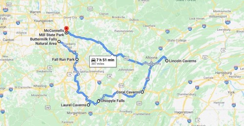 Map showing a 7-hour, 51-minute route of 387 miles connecting McConnells Mill State Park and various attractions.