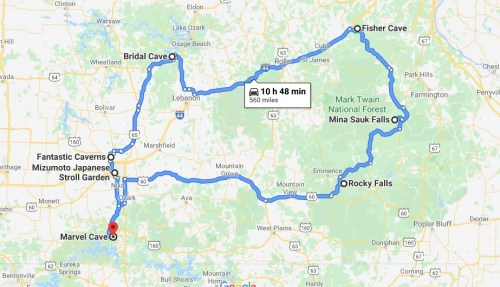 Map showing a road trip route through Missouri, highlighting caves and natural attractions, totaling 10 hours and 48 minutes.