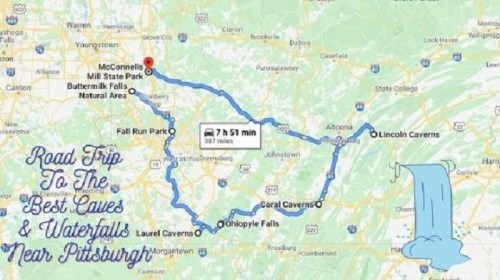 Map showing a road trip route from Pittsburgh to various caves and waterfalls, including McConnells Mill and Lincoln Caverns.