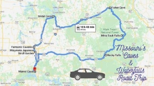 Map of a road trip in Missouri, highlighting caves and waterfalls, with a route marked and a car icon.