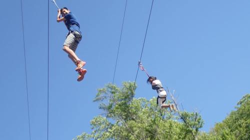 Two children ziplining through a clear blue sky, surrounded by green trees.