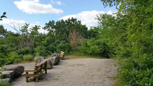 A serene outdoor scene featuring two wooden benches on a rocky path surrounded by lush greenery and blue skies.