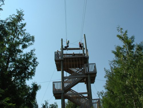 Two people on a high wooden tower, preparing to zip line, surrounded by trees and a clear blue sky.