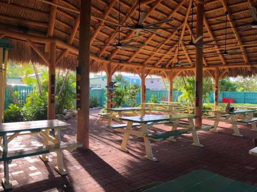 A spacious outdoor pavilion with wooden picnic tables, surrounded by greenery and sunlight filtering through the roof.