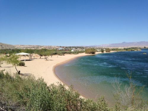 A serene beach scene with sandy shores, green vegetation, and calm blue water under a clear blue sky.
