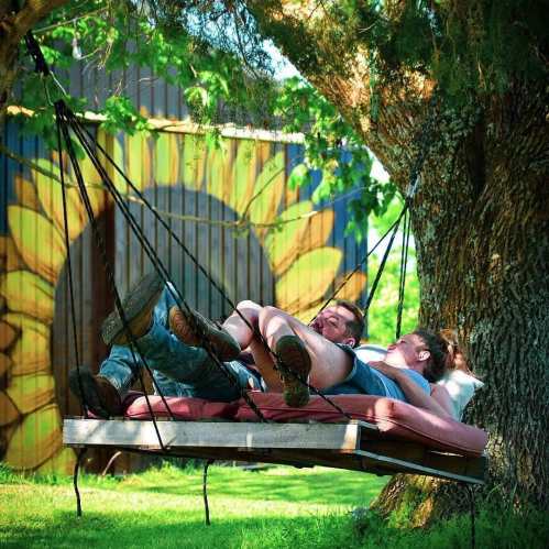 A couple relaxes on a swing bed under a tree, surrounded by vibrant greenery and a colorful sunflower mural in the background.