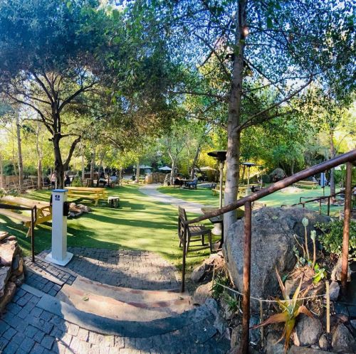 A serene park scene with green grass, trees, and benches, featuring a winding path and shaded seating areas.