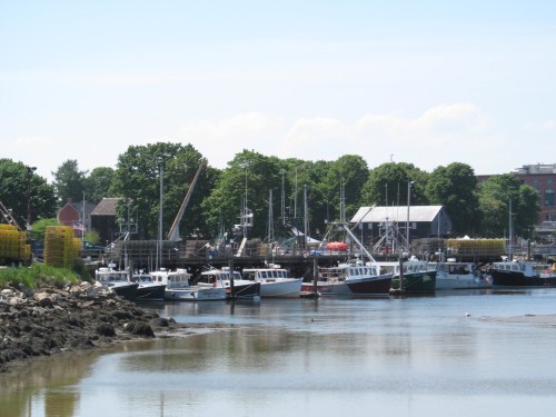 A peaceful harbor scene with fishing boats docked, surrounded by trees and a clear blue sky.