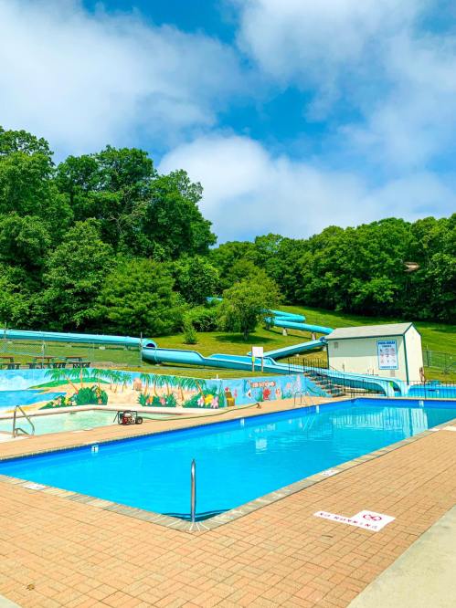 A clear blue swimming pool surrounded by green trees and water slides under a bright, partly cloudy sky.