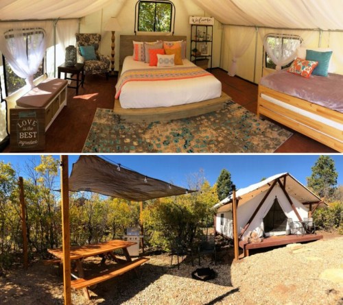 Cozy glamping tent interior with a bed and seating, plus an outdoor area with a picnic table and shaded seating.
