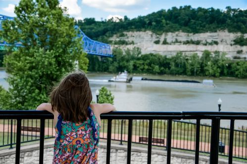 A child gazes at a river and a blue bridge, surrounded by greenery and cliffs in the background.