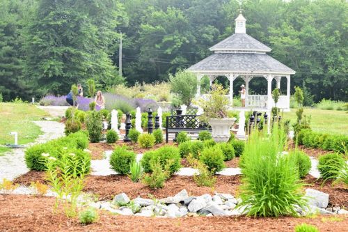 A serene garden with a gazebo, surrounded by lush greenery, flowers, and a winding path. People are enjoying the space.