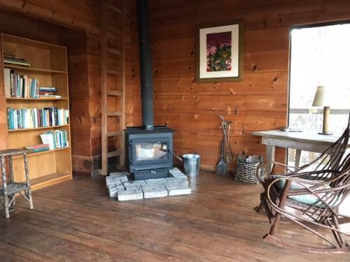 Cozy wooden interior with a bookshelf, a wood stove, a rocking chair, and a small table by a window.