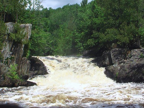 A rushing waterfall cascades over rocky terrain, surrounded by lush green trees under a cloudy sky.