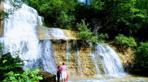 A scenic waterfall surrounded by lush greenery, with two people standing near the water's edge.