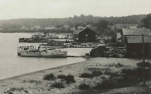 Black and white image of a river with boats docked, surrounded by houses and trees in the background.
