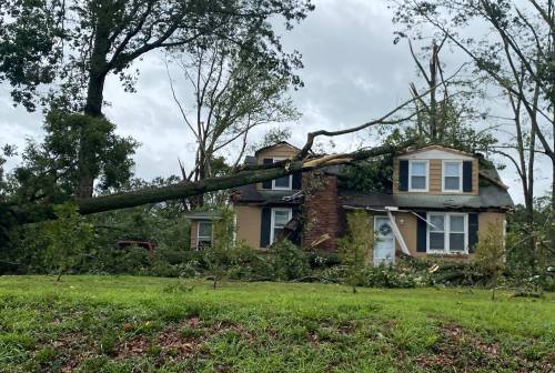 A house with significant damage from a fallen tree, surrounded by debris and downed branches.