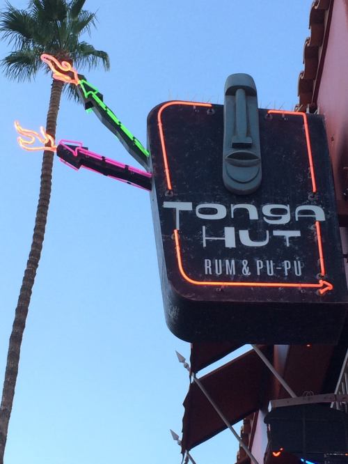 Neon sign for Tonga Hut, featuring a tiki mask and arrows, against a clear blue sky with a palm tree.