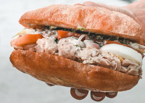 A hand holding a large sandwich filled with shredded chicken, tomatoes, and mayonnaise on a crusty roll.