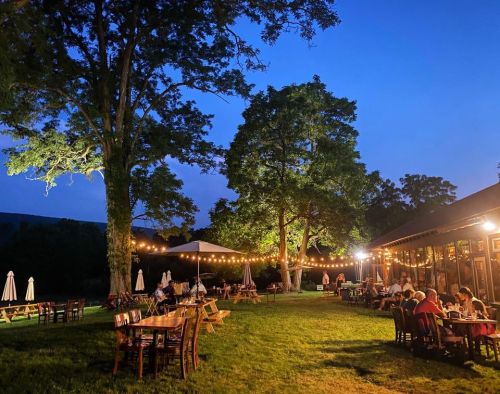 A cozy outdoor dining area at dusk, with string lights, tables, and people enjoying a meal under large trees.