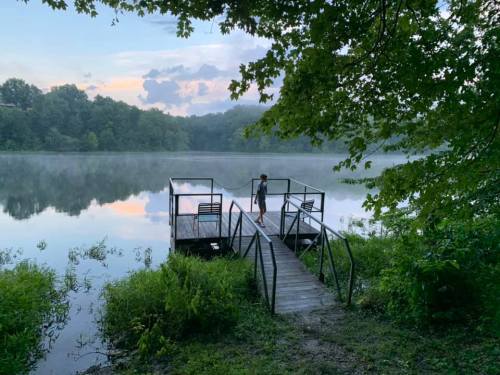 A person stands on a wooden dock by a misty lake, surrounded by lush greenery and a serene sky at dawn.