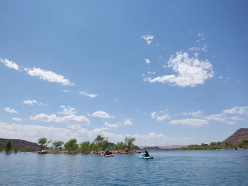 Two kayakers paddle on a calm lake surrounded by green trees and a clear blue sky with fluffy clouds.