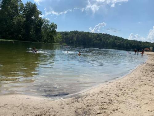A sandy beach by a calm lake with people swimming and trees in the background under a blue sky with fluffy clouds.