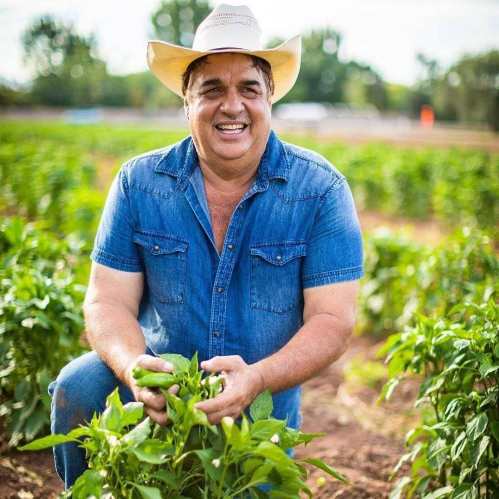 A smiling man in a cowboy hat and denim shirt holds green plants in a sunny field.