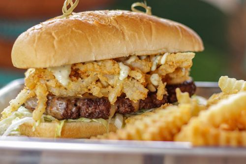 A close-up of a burger with crispy onion rings, lettuce, and sauce, served with crinkle-cut fries on the side.