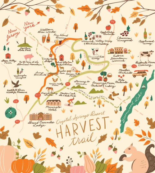 Map of the Harvest Trail at Crystal Springs Resort, featuring locations in New Jersey and New York with autumn-themed illustrations.