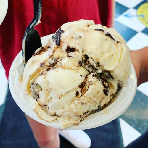 A close-up of a cup filled with creamy ice cream swirled with chocolate and cookie pieces, held by a person.