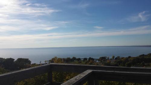 A scenic view of a calm lake under a clear blue sky, framed by trees and distant shoreline.