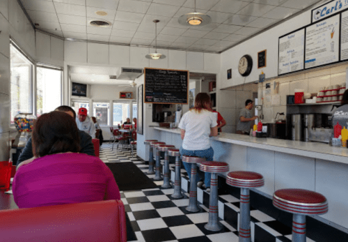 A retro diner interior with red stools, checkered floor, and patrons at the counter and tables. Menu on the wall.