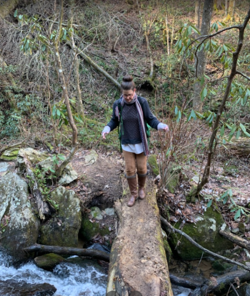 A person carefully walks across a fallen log over a stream in a wooded area, surrounded by greenery.