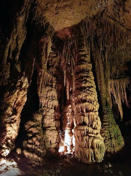 Stalactites and stalagmites in a dimly lit cave, showcasing unique rock formations and textures.