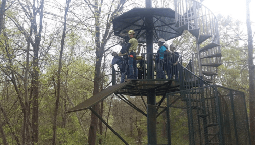 A group of people in safety gear prepares to zip line from a platform surrounded by trees.