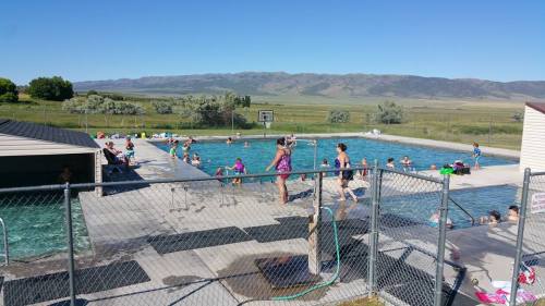 A sunny outdoor pool scene with people swimming and relaxing, surrounded by mountains and greenery.