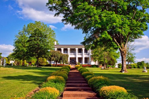 A grand white mansion with columns, surrounded by lush greenery and a pathway leading to the entrance.