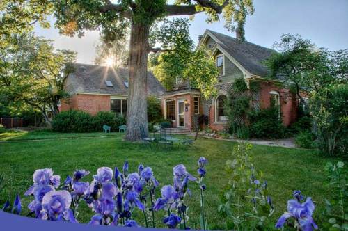 A charming brick house surrounded by greenery and purple flowers, with sunlight filtering through the trees.