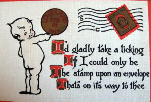 A vintage illustration of a child holding a coin, with playful text about wanting to be a stamp on an envelope.