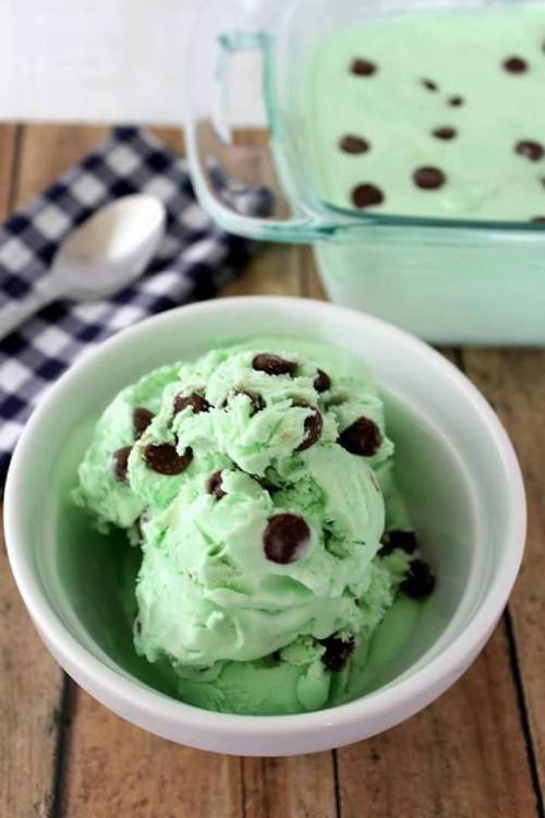 A bowl of mint chocolate chip ice cream with chocolate chips, next to a container of the same ice cream on a wooden surface.