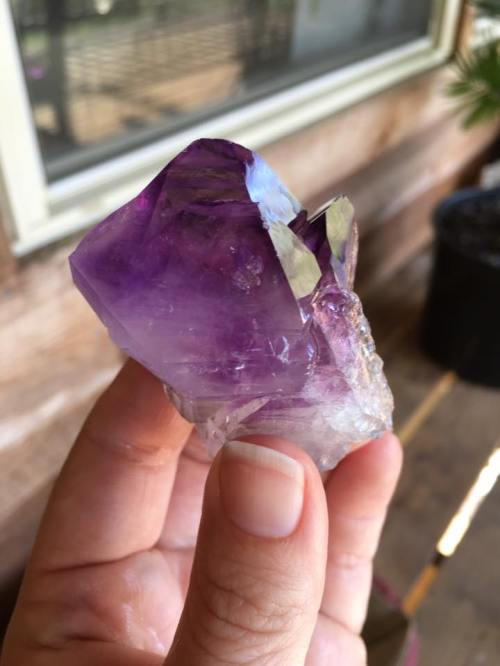 A person holding a large, purple amethyst crystal with clear facets, set against a wooden background.