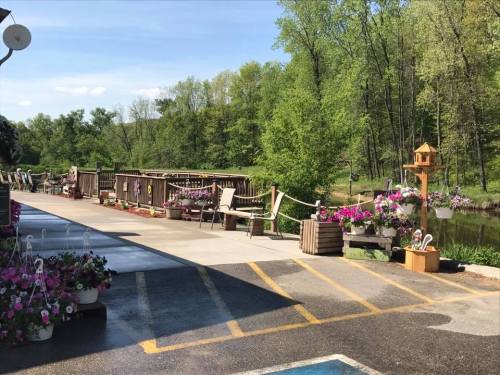 A scenic walkway lined with colorful flowers, leading to a wooden deck by a calm river surrounded by greenery.