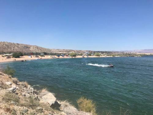 A sunny beach scene with a jet ski on the water, surrounded by hills and scattered trees.